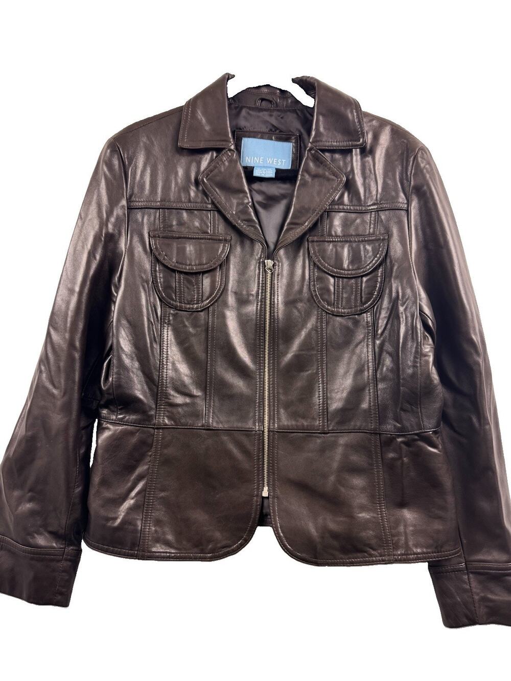 Nine West Leather Jacket Dark Brown XL Rounded Flap Chest Pockets Zip Front